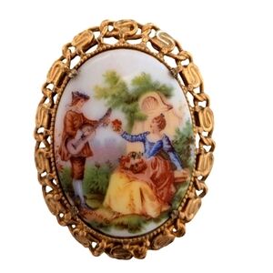 TRANSFERWARE Cameo Painted Oval Brooch Vintage French Serenade Ornate Pin Gold